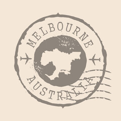 Stamp Postal of  Melbourne is city of Australia. Map Silhouette rubber Seal.  Design Retro Travel. Seal of Map Melbourne grunge  for your design.  EPS10 - obrazy, fototapety, plakaty