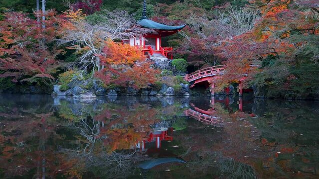 Japanese traditional Daigoji temple in Kyoto with ancient pavilion and zen pond, momiji in Kyoto, Asian autumn landscape