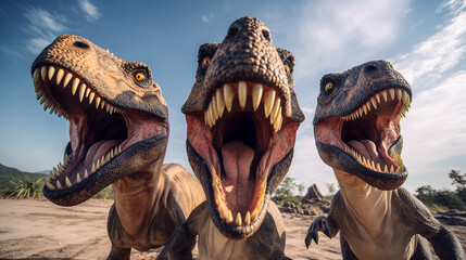 Group of T-rex dinosurus making selfie.