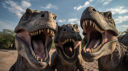 Group of T-rex dinosurus making selfie.