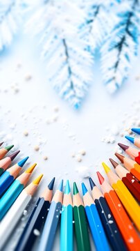 Winter background color pencils frame art with space for text, background image, AI generated