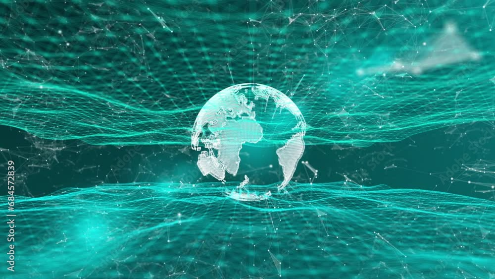 Poster abstract tech earth globalization in 3d motion graphic. concept transmit ai networking on fiber opti