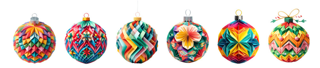 Christmas Ornaments transparent background cutout. PNG file. Assorted colors and patterns. Mockup template for artwork design.