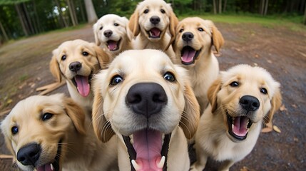 Group of cute Gold Retriver puppies making selfie.