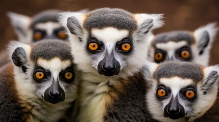 Obraz premium Group of funny lemurs catta making selfie.
