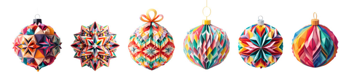 Christmas Ornaments transparent background cutout. PNG file. Assorted colors and patterns. Mockup template for artwork design.