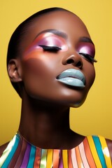 A Woman Embracing Colourful Makeup and Adorned in a Multicoloured Dress Against a Yellow Background. A woman with bright makeup and a multicoloured dress. LGBTQI+ Celebration