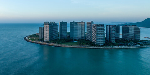 Fototapeta premium Aerial view of sunrise over sea landscape