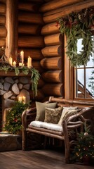 Fototapeta na wymiar Log house decorated for Christmas. Cozy interior
