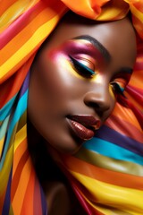 Fototapeta na wymiar A Vibrant Woman with Colourful Makeup and a Stylish Scarf Draped Over Her Head. A woman with colourful makeup and a scarf on her head. LGBTQI+ Celebration