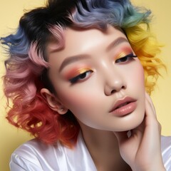 A Vibrant Beauty: A Woman with Colourful Curly Hair and Bright Makeup. A woman with colourful hair and bright makeup against a yellow background.