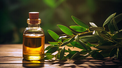 A bottle of tea tree oil in amber glass