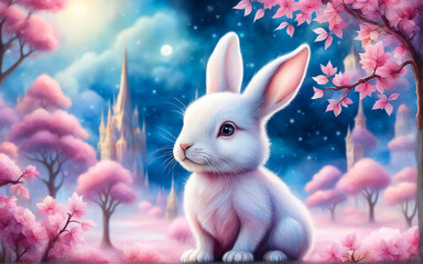 Cute rabbit, fantastic landscape in pink and blue tones. AI
