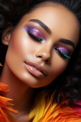 Fototapeta premium A Radiant Beauty with Vibrant Makeup and a Rainbow Feather Dress. A woman with bright makeup wearing a colourful feather dress.