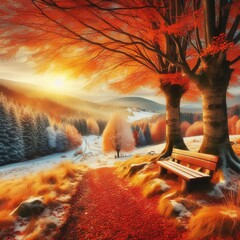 Autumn and winter landscape with bench and trees