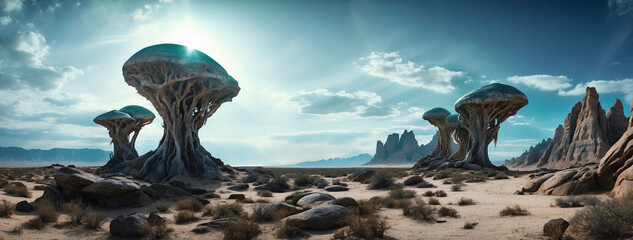 Wide-angle shot of an alien planet landscape. Breathtaking panorama of a desert planet with strange rock formations against blue sky with clouds. Fantastic extraterrestrial landscape. Sci-fi wallpaper - obrazy, fototapety, plakaty