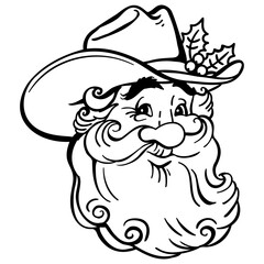 Santa cowboy vector illustration isolated on white. Christmas smiling Santa in cowboy hat and holly berry decoration printable design for print or design.