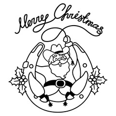 Cowboy christmas. Santa with cowboy boots and western hat sit on horseshoe decorated holly berry and hold lasso christmas text 
isolated on white for print or greeting card