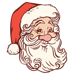 Santa Claus face Christmas vector illustration isolated on white for design. Smiling Santa head with red hat on white background.