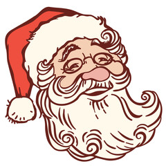 Santa Claus face Christmas vector illustration isolated on white for design. Smiling Santa head with red hat on white background.