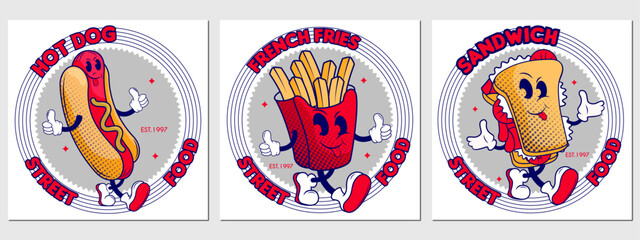 set of poster with groovy food street. hand drawn hot dog, sandwich and French fries. shop logo, label, emblem design elements, coffee shop, restaurant cafe,  set of three comic characters of American
