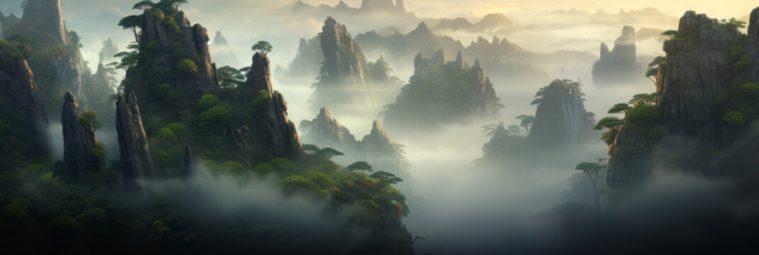 A rocky mountain towers above the sea of clouds. A majestic view that stretches all the way to the horizon. Panoramic size suitable for banners.