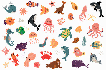 Set of marine animals. Hand-drawn style. White background, isolate.
 - obrazy, fototapety, plakaty