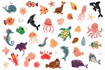 Poster Set of marine animals. Hand-drawn style. White background, isolate.  © Helga KOV