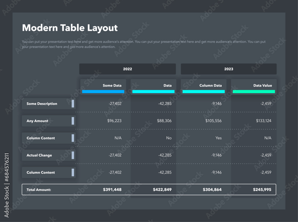 Poster Modern table layout template with years columns and a total sum row - dark version. Simple flat template for data visualization.