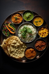 Typical Indian dish Thali. Vegetarian dishes on one large round plate.