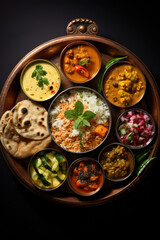 Typical Indian dish Thali. Vegetarian dishes on one large round plate.