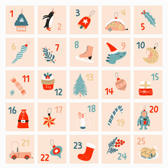 Xmas advent calendar with cartoon elements. Christmas poster with numbers, car, penguin, tree toys. Vector illustration for cover, book, textile.
