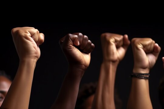Empowering image of the Black Lives Matter movement: individuals of African American descent raising their fists in solidarity, advocating for justice, equality, and recognition of their rights.