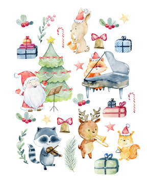 Watercolor winter poster with animals playing musical instruments.