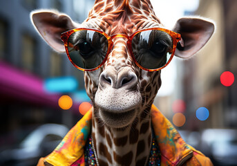 Portrait of giraffe wearing glasses. Glamorous fashion concept. Unreal and futuristic. AI generated - obrazy, fototapety, plakaty