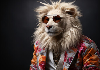 Portrait of white lion wearing glasses. Glamorous fashion concept. Unreal and futuristic. AI...