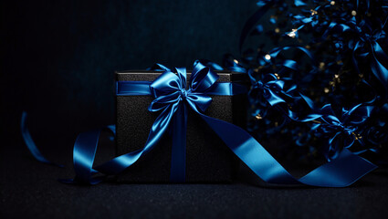 Gorgeous black blue gift box with ribbon and bow