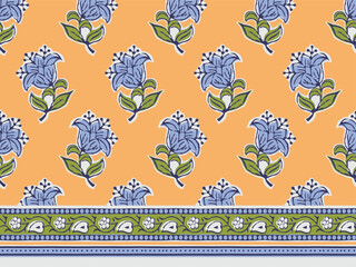 STYLIZED TULIP FLORAL ALL OVER PRINT SEAMLESS PATTERN WITH BORDER VECTOR ILLUSTRATION