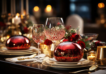 Fototapeta na wymiar Christmas table detail, elegantly decorated. AI generated