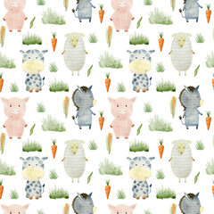 Watercolor farm seamless pattern with animals. Cute cartoon characters.