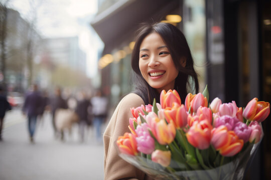 Smiling Asian woman with large bouquet of spring tulip flowers in city street