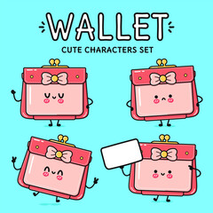 Funny cute happy Women wallet characters bundle set. Vector hand drawn doodle style cartoon character. Isolated on blue background. Women wallet character collection