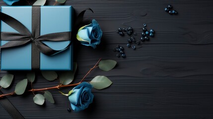 Black Gift Box Blue Ribbon Rose , Background HD, Illustrations
