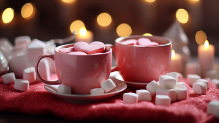 Obraz na płótnie Canvas close up of two pink mugs with hot cocoa and heart-shaped marshmallows for valentine's day morning