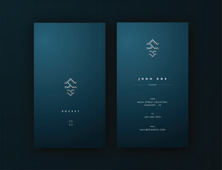 Vertical Business Card Editble Vector Template, luxurious and masculine with dark blue  backgrund and gold text, simple elegant clean