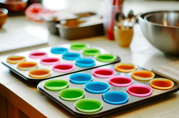 Colourful silicone cupcake moulds on cooking table