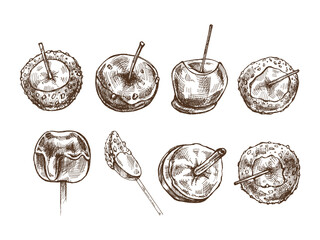 Hand-drawn sketch set of Candy Taffy  and caramel apples with nut sprinkles. Vector drawing. Traditional Christmas, Halloween dessert. Illustration for packaging, label. Vintage holiday design.