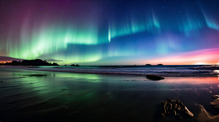 blur of aurora borealis bright colors seen at ocean beach