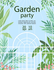 Botanical garden party poster. Flowers and leaves in flowerpots and wooden window. Plants in greenhouse. Tropical and exotic foliage. Invitational postcard. Cartoon flat vector illustration