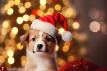 Fototapeta na wymiar Adorable dog wearing Santa hats at room decorated for Christmas comeliness
